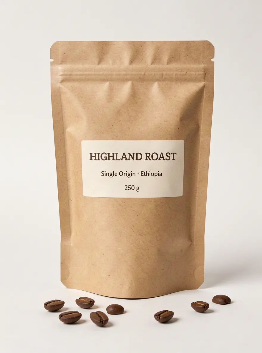 FLUX 3: E-commerce packshot of a matte kraft paper stand-up coffee pouch with a resealable zip, on a plain warm white background with a soft contact shadow, a few roasted coffee beans in front. The label has three lines of text: "HIGHLAND ROAST" in bold serif, "Single Origin · Ethiopia" below it, and "250 g" at the bottom.