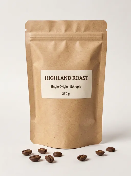 FLUX 3: E-commerce packshot of a matte kraft paper stand-up coffee pouch with a resealable zip, on a plain warm white background with a soft contact shadow, a few roasted coffee beans in front. The label has three lines of text: "HIGHLAND ROAST" in bold serif, "Single Origin · Ethiopia" below it, and "250 g" at the bottom.