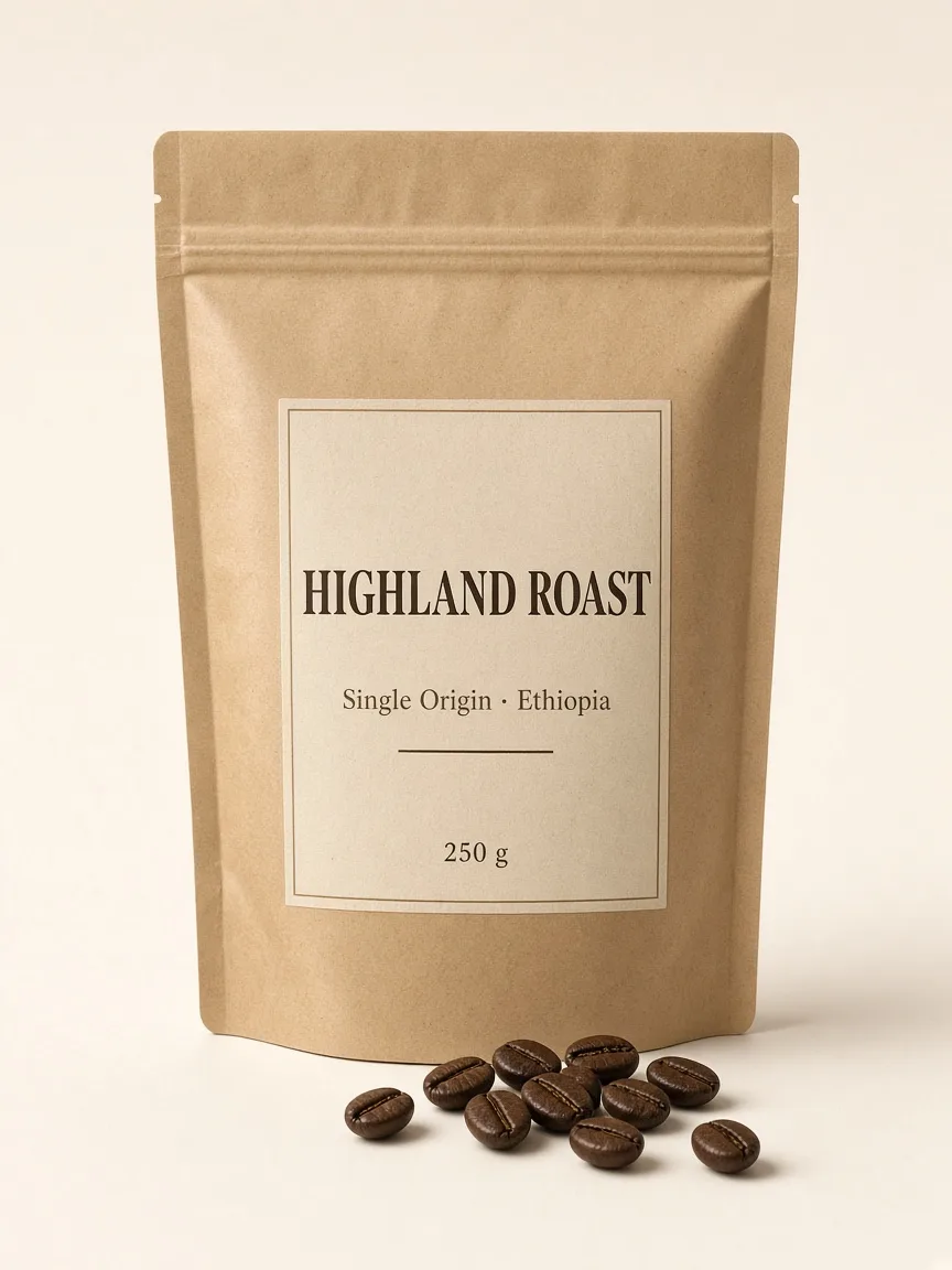 Grok Imagine 2.0: E-commerce packshot of a matte kraft paper stand-up coffee pouch with a resealable zip, on a plain warm white background with a soft contact shadow, a few roasted coffee beans in front. The label has three lines of text: "HIGHLAND ROAST" in bold serif, "Single Origin · Ethiopia" below it, and "250 g" at the bottom.