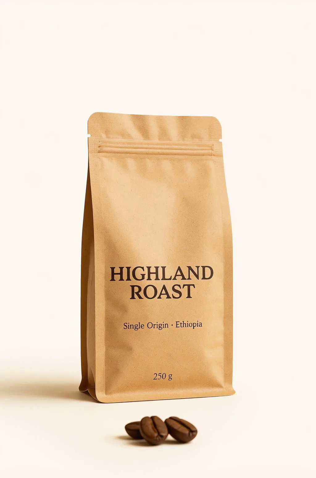 Luma Uni-1 Max: E-commerce packshot of a matte kraft paper stand-up coffee pouch with a resealable zip, on a plain warm white background with a soft contact shadow, a few roasted coffee beans in front. The label has three lines of text: "HIGHLAND ROAST" in bold serif, "Single Origin · Ethiopia" below it, and "250 g" at the bottom.
