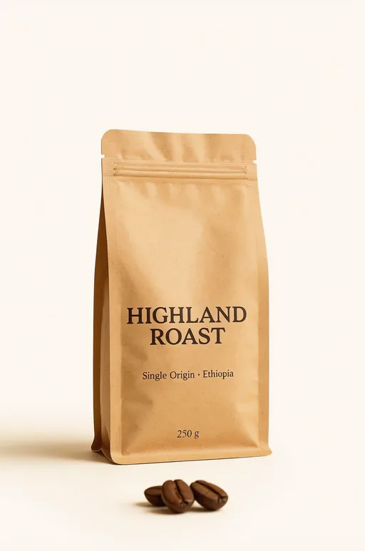 Luma Uni-1 Max: E-commerce packshot of a matte kraft paper stand-up coffee pouch with a resealable zip, on a plain warm white background with a soft contact shadow, a few roasted coffee beans in front. The label has three lines of text: "HIGHLAND ROAST" in bold serif, "Single Origin · Ethiopia" below it, and "250 g" at the bottom.