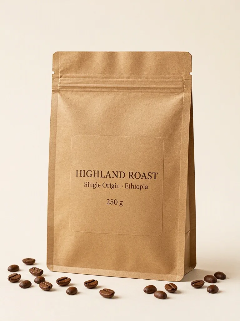 MAI-Image-2.5-Pro: E-commerce packshot of a matte kraft paper stand-up coffee pouch with a resealable zip, on a plain warm white background with a soft contact shadow, a few roasted coffee beans in front. The label has three lines of text: "HIGHLAND ROAST" in bold serif, "Single Origin · Ethiopia" below it, and "250 g" at the bottom.