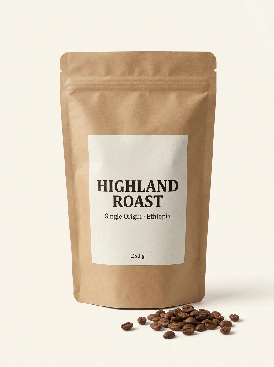 Nano Banana Pro: E-commerce packshot of a matte kraft paper stand-up coffee pouch with a resealable zip, on a plain warm white background with a soft contact shadow, a few roasted coffee beans in front. The label has three lines of text: "HIGHLAND ROAST" in bold serif, "Single Origin · Ethiopia" below it, and "250 g" at the bottom.