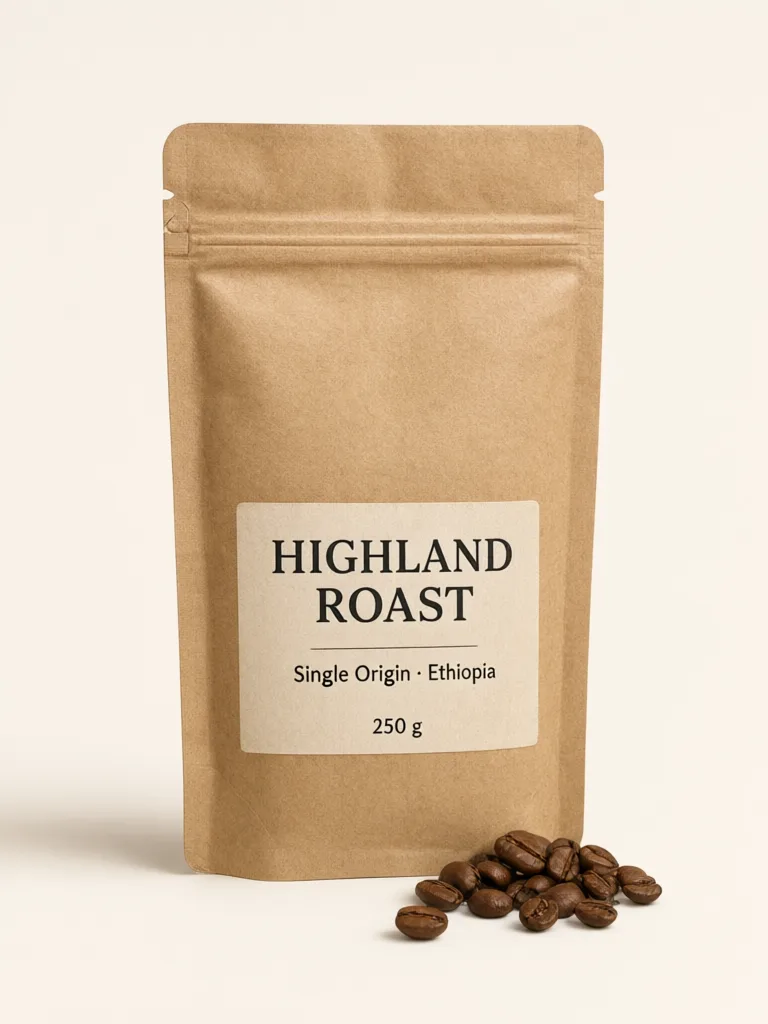 Qwen Image 3: E-commerce packshot of a matte kraft paper stand-up coffee pouch with a resealable zip, on a plain warm white background with a soft contact shadow, a few roasted coffee beans in front. The label has three lines of text: "HIGHLAND ROAST" in bold serif, "Single Origin · Ethiopia" below it, and "250 g" at the bottom.