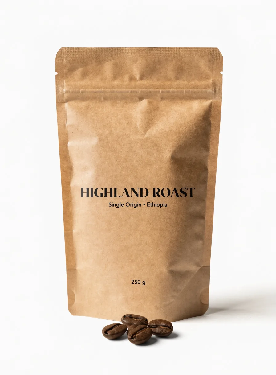Recraft V4.1: E-commerce packshot of a matte kraft paper stand-up coffee pouch with a resealable zip, on a plain warm white background with a soft contact shadow, a few roasted coffee beans in front. The label has three lines of text: "HIGHLAND ROAST" in bold serif, "Single Origin · Ethiopia" below it, and "250 g" at the bottom.