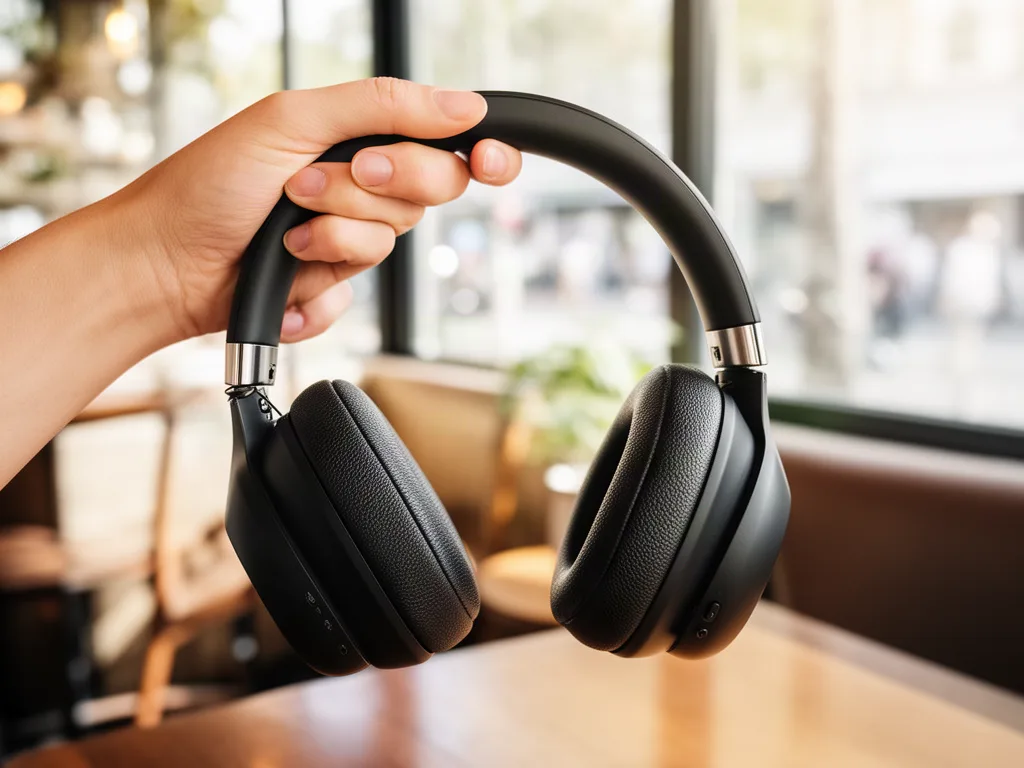 FLUX.2 [dev]: Lifestyle product photo of a woman's hand holding matte black over-ear wireless headphones by the headband, in a sunlit café with a softly blurred background. Natural window light, visible leather texture on the ear cushions, a small brushed aluminum hinge on each side.