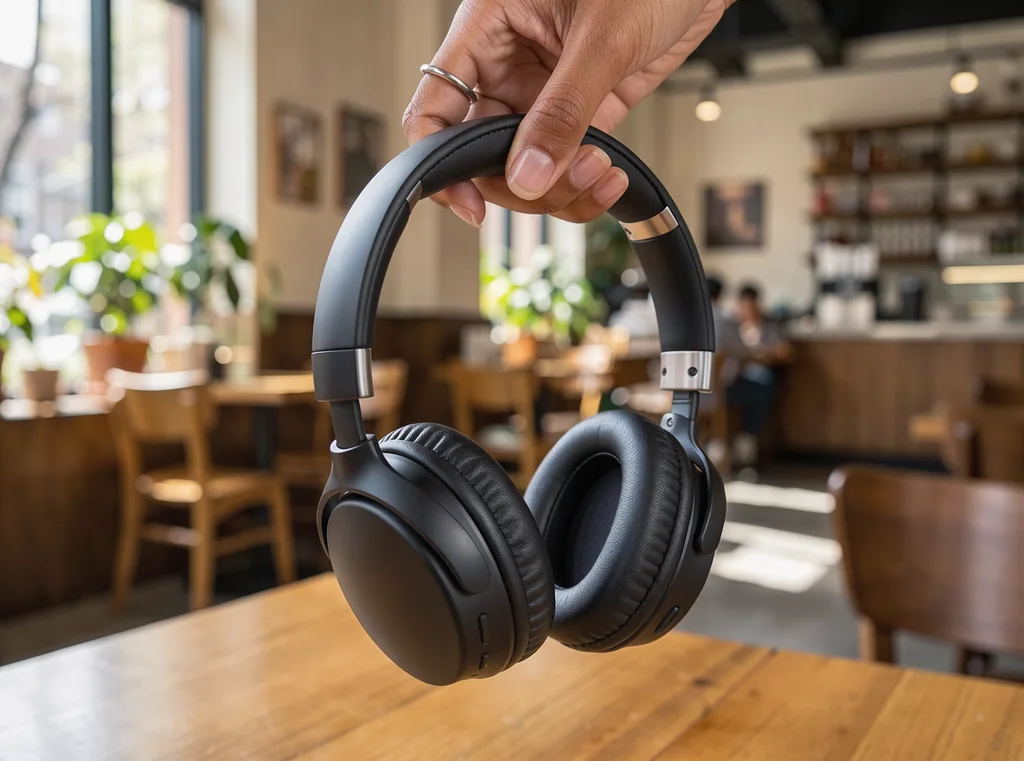 FLUX 3: Lifestyle product photo of a woman's hand holding matte black over-ear wireless headphones by the headband, in a sunlit café with a softly blurred background. Natural window light, visible leather texture on the ear cushions, a small brushed aluminum hinge on each side.