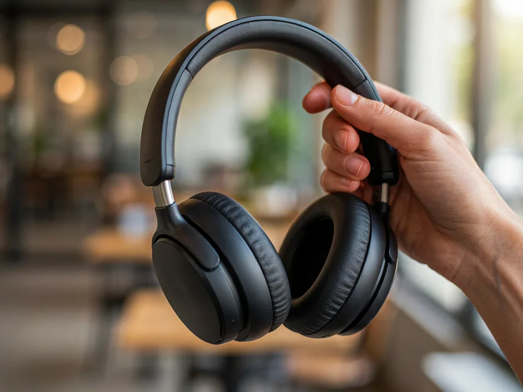 Ideogram V4.5: Lifestyle product photo of a woman's hand holding matte black over-ear wireless headphones by the headband, in a sunlit café with a softly blurred background. Natural window light, visible leather texture on the ear cushions, a small brushed aluminum hinge on each side.