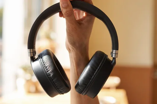 Luma Uni-1 Max: Lifestyle product photo of a woman's hand holding matte black over-ear wireless headphones by the headband, in a sunlit café with a softly blurred background. Natural window light, visible leather texture on the ear cushions, a small brushed aluminum hinge on each side.