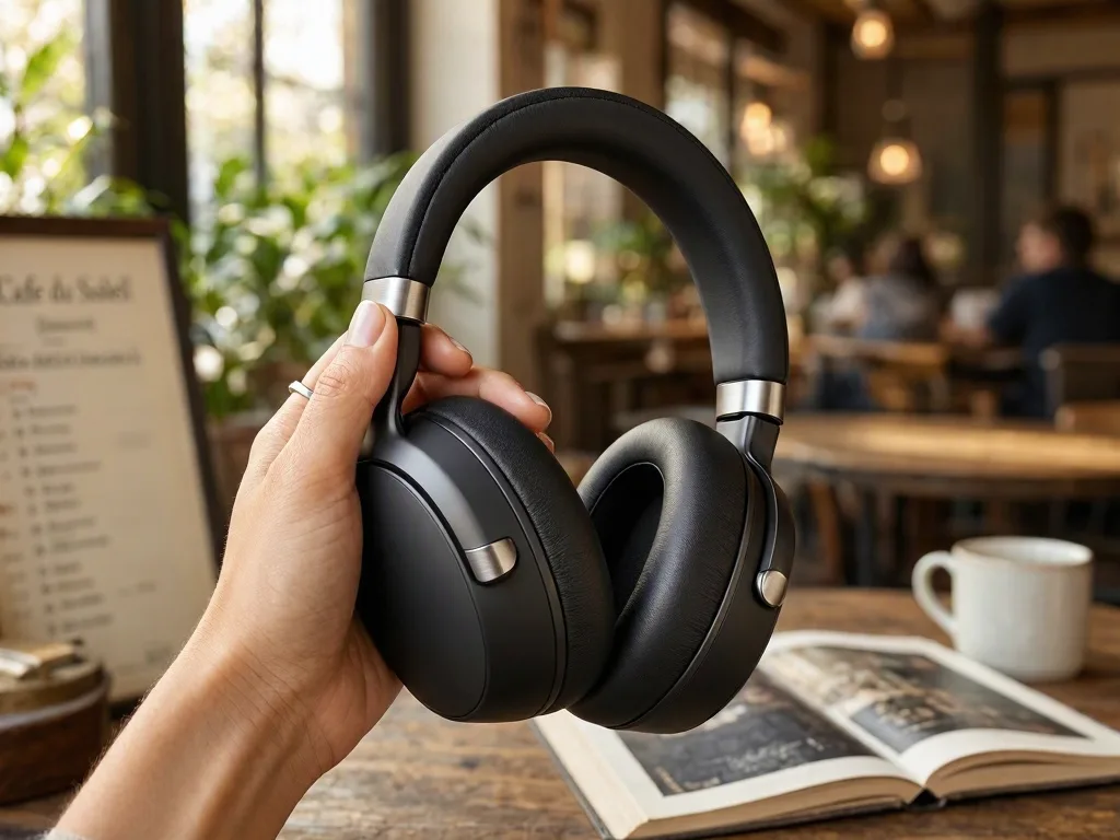 MAI-Image-2.5-Pro: Lifestyle product photo of a woman's hand holding matte black over-ear wireless headphones by the headband, in a sunlit café with a softly blurred background. Natural window light, visible leather texture on the ear cushions, a small brushed aluminum hinge on each side.