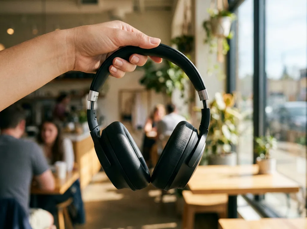 Nano Banana Pro: Lifestyle product photo of a woman's hand holding matte black over-ear wireless headphones by the headband, in a sunlit café with a softly blurred background. Natural window light, visible leather texture on the ear cushions, a small brushed aluminum hinge on each side.