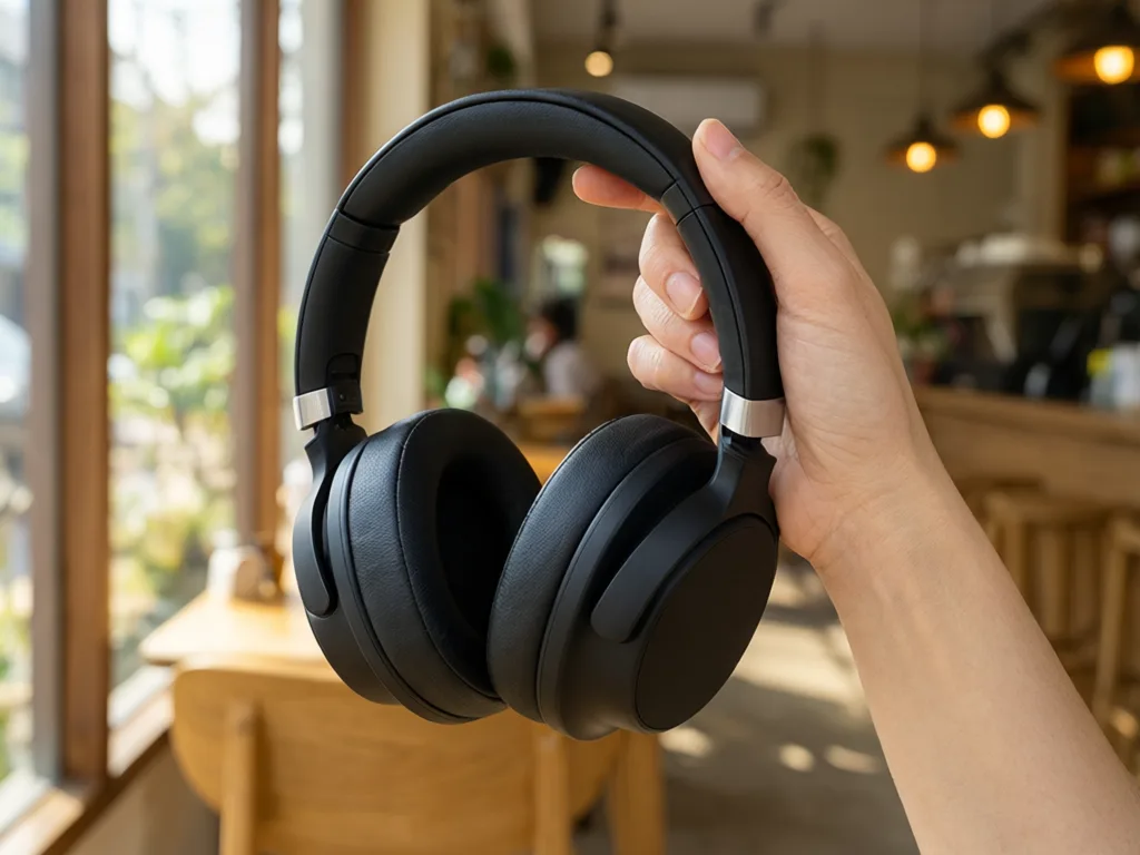 Qwen Image 3: Lifestyle product photo of a woman's hand holding matte black over-ear wireless headphones by the headband, in a sunlit café with a softly blurred background. Natural window light, visible leather texture on the ear cushions, a small brushed aluminum hinge on each side.