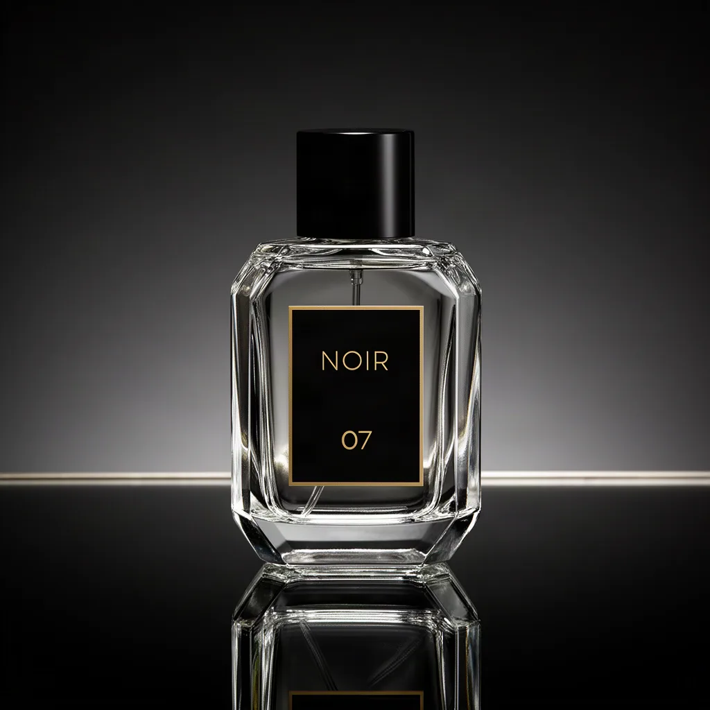 FLUX.2 [dev]: Luxury studio photo of a faceted clear glass perfume bottle with a heavy black cap, standing on a glossy black mirror surface that reflects it. Thin rim light outlines the edges, a soft gradient from charcoal to black in the background, crisp caustic highlights in the glass. The front label reads "NOIR 07" in thin gold capital letters.
