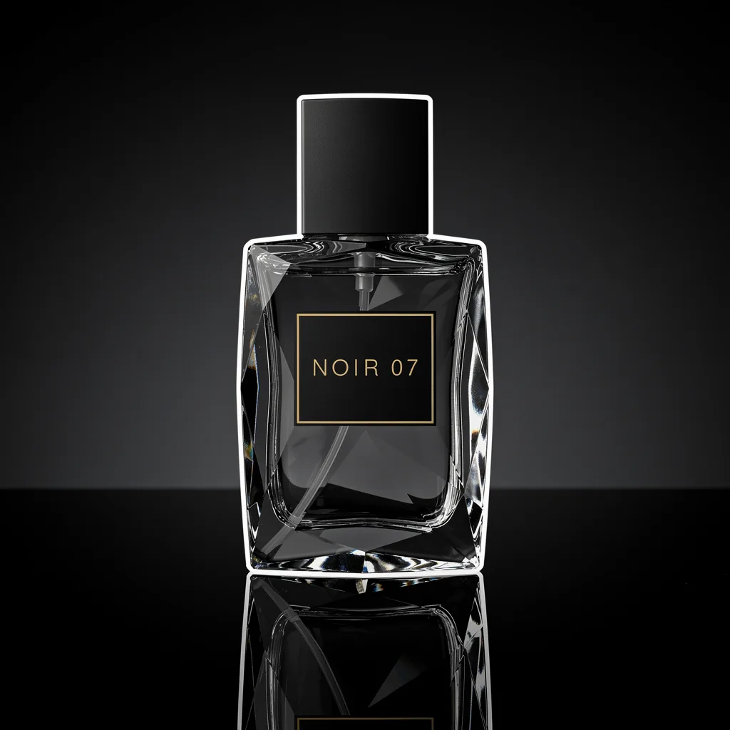 FLUX.2 [pro]: Luxury studio photo of a faceted clear glass perfume bottle with a heavy black cap, standing on a glossy black mirror surface that reflects it. Thin rim light outlines the edges, a soft gradient from charcoal to black in the background, crisp caustic highlights in the glass. The front label reads "NOIR 07" in thin gold capital letters.