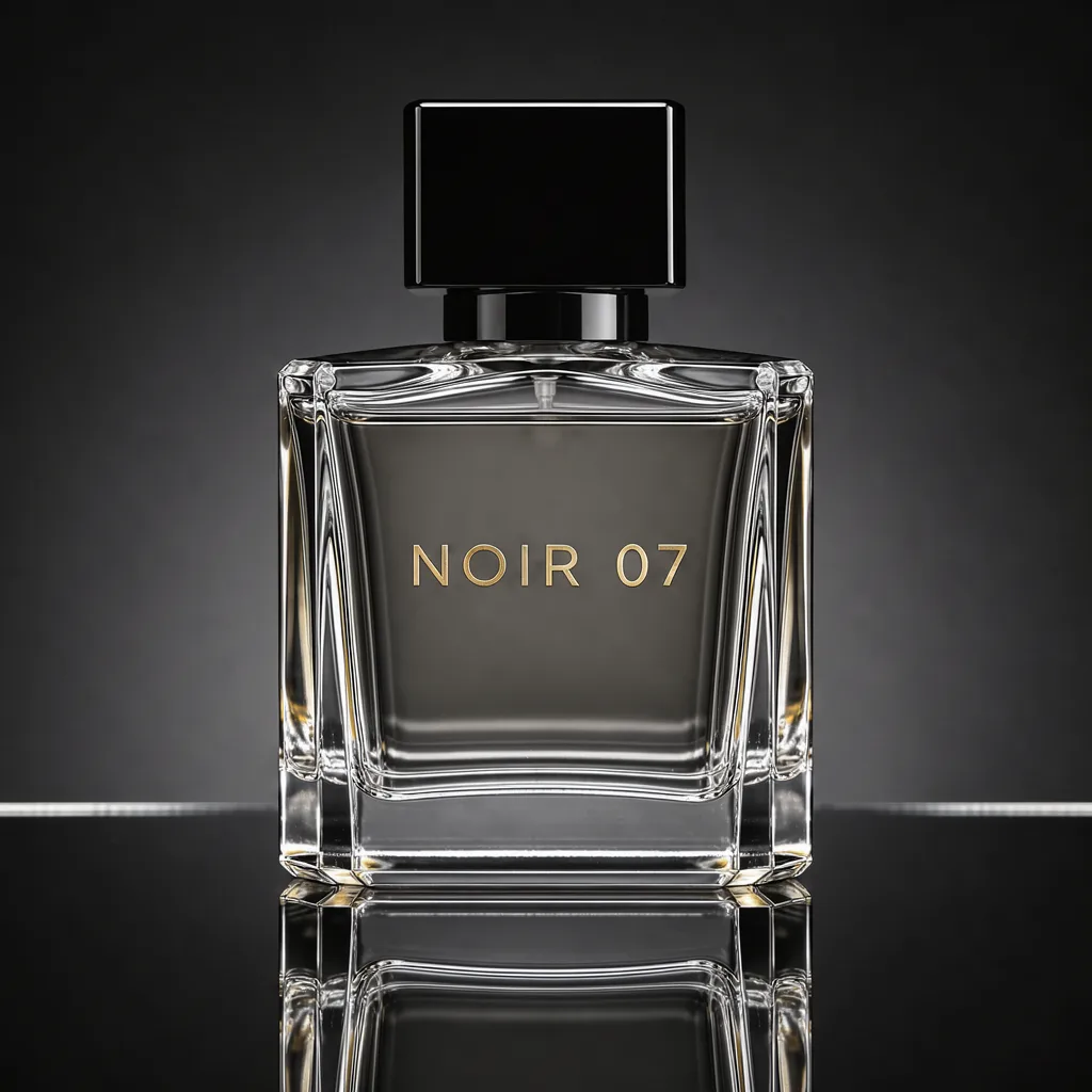 FLUX 3: Luxury studio photo of a faceted clear glass perfume bottle with a heavy black cap, standing on a glossy black mirror surface that reflects it. Thin rim light outlines the edges, a soft gradient from charcoal to black in the background, crisp caustic highlights in the glass. The front label reads "NOIR 07" in thin gold capital letters.