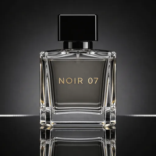 FLUX 3: Luxury studio photo of a faceted clear glass perfume bottle with a heavy black cap, standing on a glossy black mirror surface that reflects it. Thin rim light outlines the edges, a soft gradient from charcoal to black in the background, crisp caustic highlights in the glass. The front label reads "NOIR 07" in thin gold capital letters.
