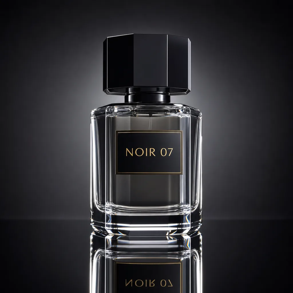 GPT Image 2: Luxury studio photo of a faceted clear glass perfume bottle with a heavy black cap, standing on a glossy black mirror surface that reflects it. Thin rim light outlines the edges, a soft gradient from charcoal to black in the background, crisp caustic highlights in the glass. The front label reads "NOIR 07" in thin gold capital letters.