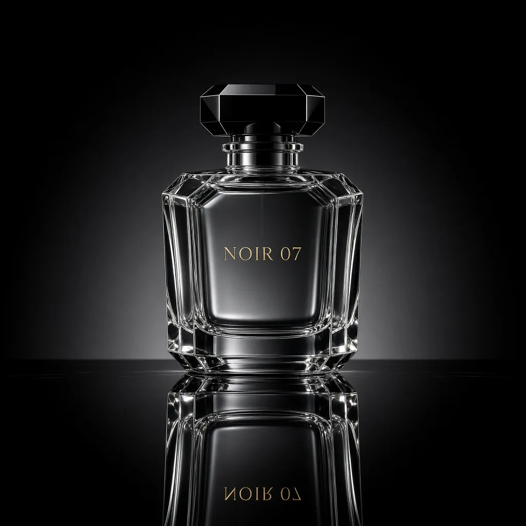 Grok Imagine 2.0: Luxury studio photo of a faceted clear glass perfume bottle with a heavy black cap, standing on a glossy black mirror surface that reflects it. Thin rim light outlines the edges, a soft gradient from charcoal to black in the background, crisp caustic highlights in the glass. The front label reads "NOIR 07" in thin gold capital letters.