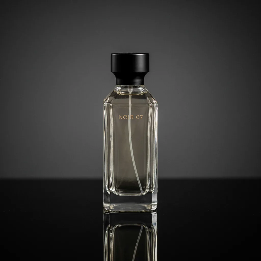 Ideogram V4.5: Luxury studio photo of a faceted clear glass perfume bottle with a heavy black cap, standing on a glossy black mirror surface that reflects it. Thin rim light outlines the edges, a soft gradient from charcoal to black in the background, crisp caustic highlights in the glass. The front label reads "NOIR 07" in thin gold capital letters.