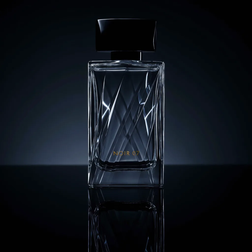 Luma Uni-1 Max: Luxury studio photo of a faceted clear glass perfume bottle with a heavy black cap, standing on a glossy black mirror surface that reflects it. Thin rim light outlines the edges, a soft gradient from charcoal to black in the background, crisp caustic highlights in the glass. The front label reads "NOIR 07" in thin gold capital letters.