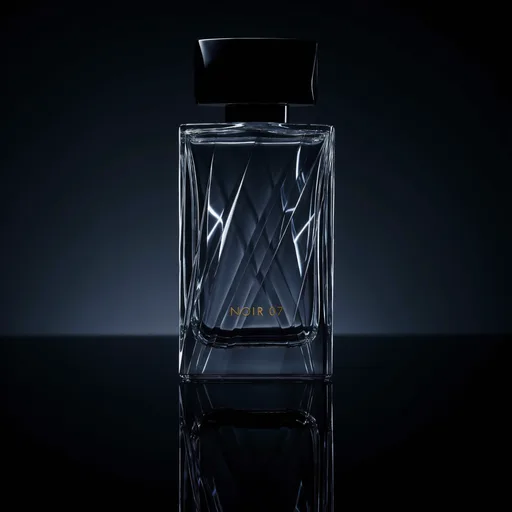 Luma Uni-1 Max: Luxury studio photo of a faceted clear glass perfume bottle with a heavy black cap, standing on a glossy black mirror surface that reflects it. Thin rim light outlines the edges, a soft gradient from charcoal to black in the background, crisp caustic highlights in the glass. The front label reads "NOIR 07" in thin gold capital letters.