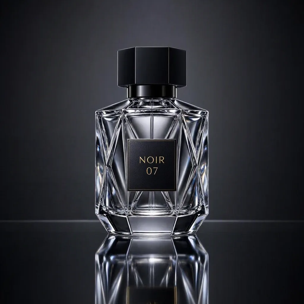 MAI-Image-2.5-Pro: Luxury studio photo of a faceted clear glass perfume bottle with a heavy black cap, standing on a glossy black mirror surface that reflects it. Thin rim light outlines the edges, a soft gradient from charcoal to black in the background, crisp caustic highlights in the glass. The front label reads "NOIR 07" in thin gold capital letters.