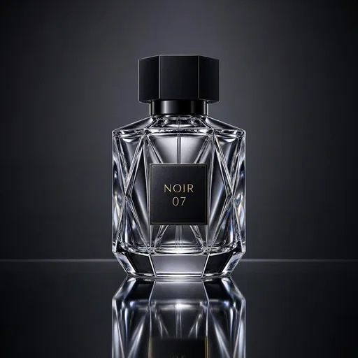 MAI-Image-2.5-Pro: Luxury studio photo of a faceted clear glass perfume bottle with a heavy black cap, standing on a glossy black mirror surface that reflects it. Thin rim light outlines the edges, a soft gradient from charcoal to black in the background, crisp caustic highlights in the glass. The front label reads "NOIR 07" in thin gold capital letters.
