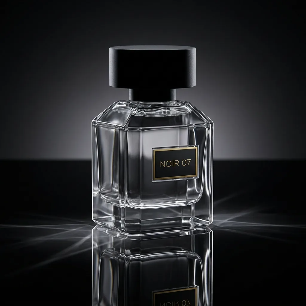 Nano Banana Pro: Luxury studio photo of a faceted clear glass perfume bottle with a heavy black cap, standing on a glossy black mirror surface that reflects it. Thin rim light outlines the edges, a soft gradient from charcoal to black in the background, crisp caustic highlights in the glass. The front label reads "NOIR 07" in thin gold capital letters.
