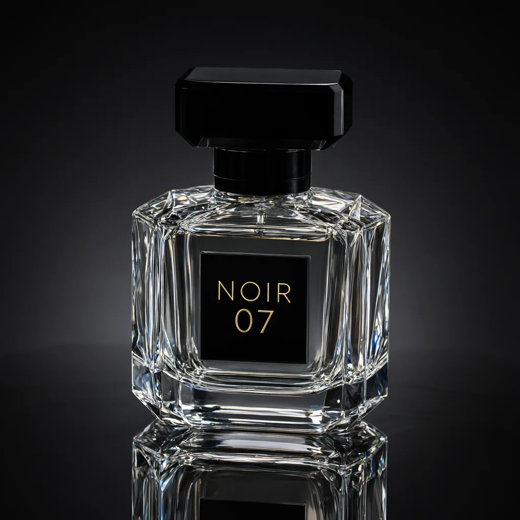 Qwen Image 3: Luxury studio photo of a faceted clear glass perfume bottle with a heavy black cap, standing on a glossy black mirror surface that reflects it. Thin rim light outlines the edges, a soft gradient from charcoal to black in the background, crisp caustic highlights in the glass. The front label reads "NOIR 07" in thin gold capital letters.