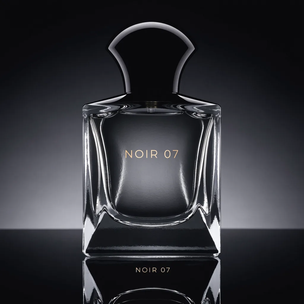 Recraft V4.1: Luxury studio photo of a faceted clear glass perfume bottle with a heavy black cap, standing on a glossy black mirror surface that reflects it. Thin rim light outlines the edges, a soft gradient from charcoal to black in the background, crisp caustic highlights in the glass. The front label reads "NOIR 07" in thin gold capital letters.