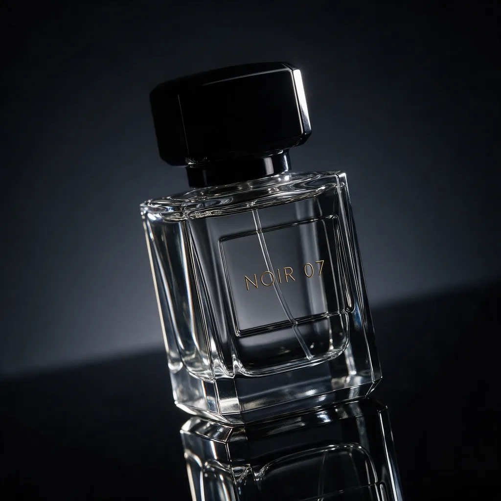 Seedream 5.0 Pro: Luxury studio photo of a faceted clear glass perfume bottle with a heavy black cap, standing on a glossy black mirror surface that reflects it. Thin rim light outlines the edges, a soft gradient from charcoal to black in the background, crisp caustic highlights in the glass. The front label reads "NOIR 07" in thin gold capital letters.