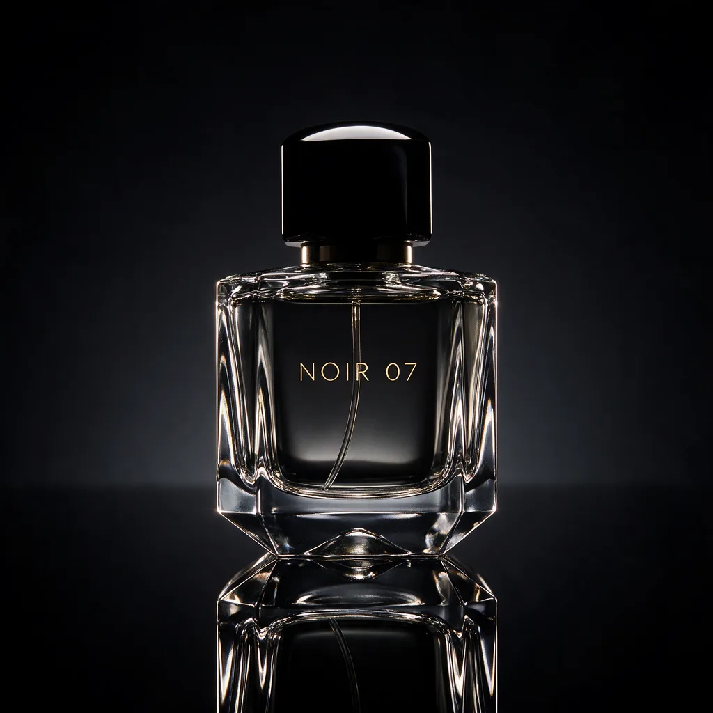 Seedream 5.0 Pro: Luxury studio photo of a faceted clear glass perfume bottle with a heavy black cap, standing on a glossy black mirror surface that reflects it. Thin rim light outlines the edges, a soft gradient from charcoal to black in the background, crisp caustic highlights in the glass. The front label reads "NOIR 07" in thin gold capital letters.