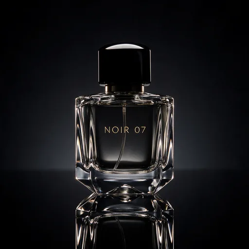 Seedream 5.0 Pro: Luxury studio photo of a faceted clear glass perfume bottle with a heavy black cap, standing on a glossy black mirror surface that reflects it. Thin rim light outlines the edges, a soft gradient from charcoal to black in the background, crisp caustic highlights in the glass. The front label reads "NOIR 07" in thin gold capital letters.