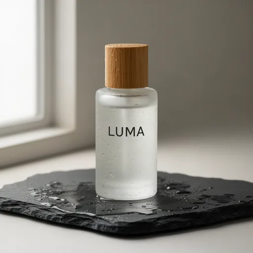 FLUX.2 [dev]: Studio product photo of a frosted glass skincare serum bottle with a bamboo cap, standing on a wet dark slate stone. Soft window light from the left, tiny water droplets on the glass, shallow depth of field, clean neutral background. The label reads "LUMA" in a minimalist sans-serif font.