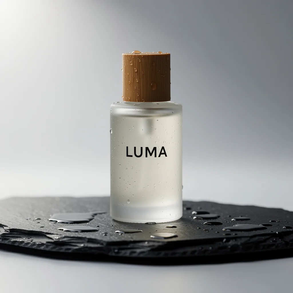 FLUX.2 [pro]: Studio product photo of a frosted glass skincare serum bottle with a bamboo cap, standing on a wet dark slate stone. Soft window light from the left, tiny water droplets on the glass, shallow depth of field, clean neutral background. The label reads "LUMA" in a minimalist sans-serif font.