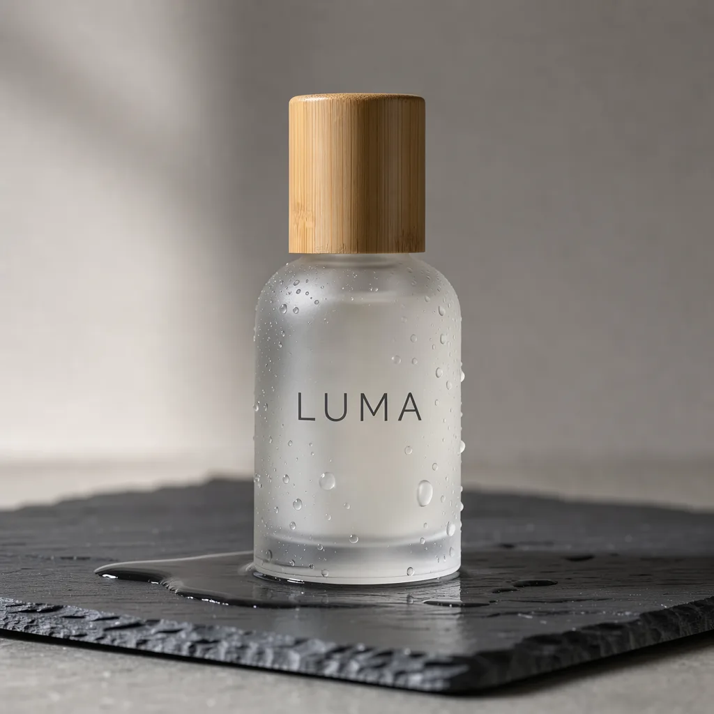 FLUX 3: Studio product photo of a frosted glass skincare serum bottle with a bamboo cap, standing on a wet dark slate stone. Soft window light from the left, tiny water droplets on the glass, shallow depth of field, clean neutral background. The label reads "LUMA" in a minimalist sans-serif font.