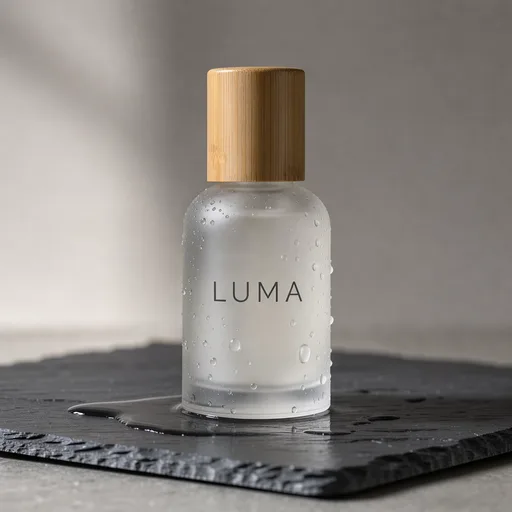 FLUX 3: Studio product photo of a frosted glass skincare serum bottle with a bamboo cap, standing on a wet dark slate stone. Soft window light from the left, tiny water droplets on the glass, shallow depth of field, clean neutral background. The label reads "LUMA" in a minimalist sans-serif font.