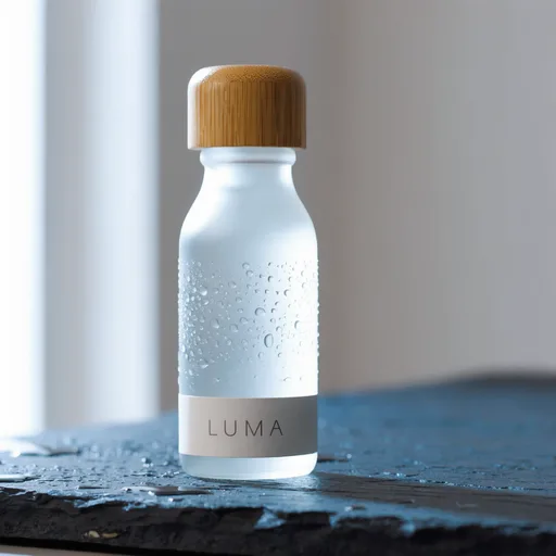 Luma Uni-1 Max: Studio product photo of a frosted glass skincare serum bottle with a bamboo cap, standing on a wet dark slate stone. Soft window light from the left, tiny water droplets on the glass, shallow depth of field, clean neutral background. The label reads "LUMA" in a minimalist sans-serif font.