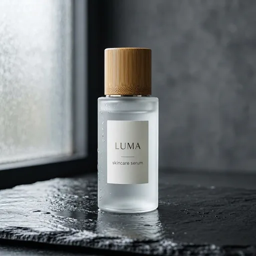 MAI-Image-2.5-Pro: Studio product photo of a frosted glass skincare serum bottle with a bamboo cap, standing on a wet dark slate stone. Soft window light from the left, tiny water droplets on the glass, shallow depth of field, clean neutral background. The label reads "LUMA" in a minimalist sans-serif font.