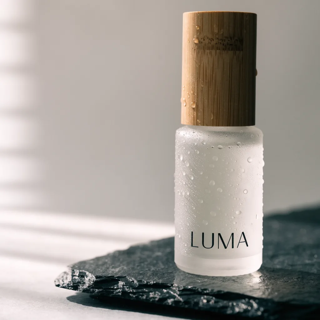 Recraft V4.1: Studio product photo of a frosted glass skincare serum bottle with a bamboo cap, standing on a wet dark slate stone. Soft window light from the left, tiny water droplets on the glass, shallow depth of field, clean neutral background. The label reads "LUMA" in a minimalist sans-serif font.