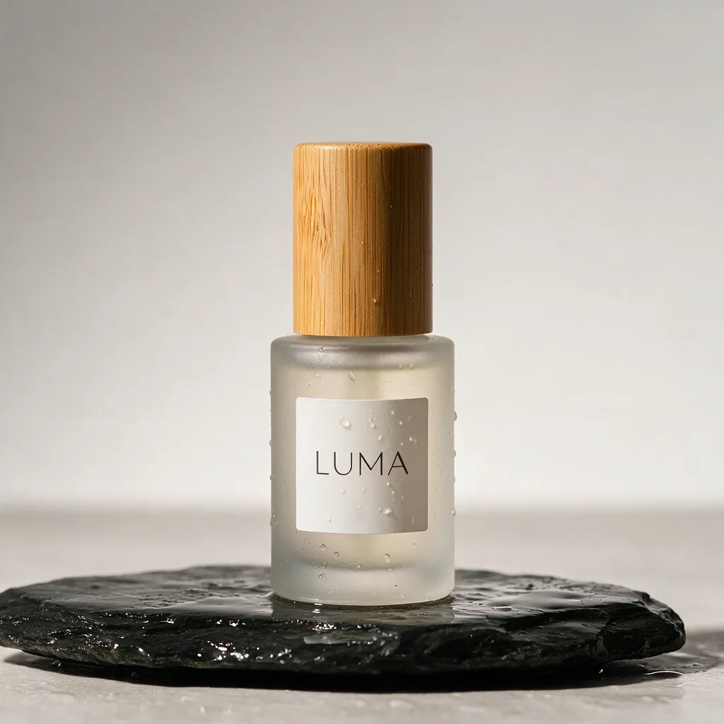 Seedream 5.0 Pro: Studio product photo of a frosted glass skincare serum bottle with a bamboo cap, standing on a wet dark slate stone. Soft window light from the left, tiny water droplets on the glass, shallow depth of field, clean neutral background. The label reads "LUMA" in a minimalist sans-serif font.