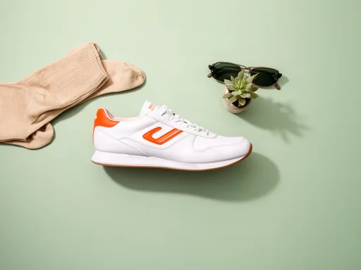 FLUX.2 [dev]: Top-down flat lay e-commerce photo of a single white leather sneaker with orange accents on a pastel sage green background, surrounded by a folded beige sock, a pair of sunglasses and a small potted succulent. Even soft lighting, crisp short shadows, generous empty space.
