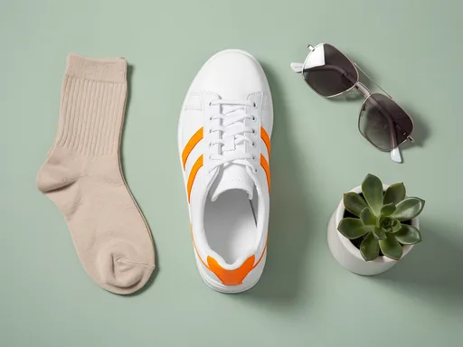 FLUX.2 [pro]: Top-down flat lay e-commerce photo of a single white leather sneaker with orange accents on a pastel sage green background, surrounded by a folded beige sock, a pair of sunglasses and a small potted succulent. Even soft lighting, crisp short shadows, generous empty space.