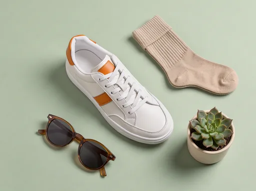 FLUX 3: Top-down flat lay e-commerce photo of a single white leather sneaker with orange accents on a pastel sage green background, surrounded by a folded beige sock, a pair of sunglasses and a small potted succulent. Even soft lighting, crisp short shadows, generous empty space.