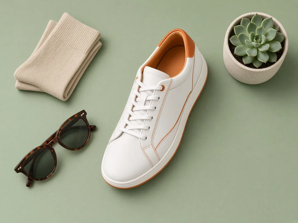 Grok Imagine 2.0: Top-down flat lay e-commerce photo of a single white leather sneaker with orange accents on a pastel sage green background, surrounded by a folded beige sock, a pair of sunglasses and a small potted succulent. Even soft lighting, crisp short shadows, generous empty space.