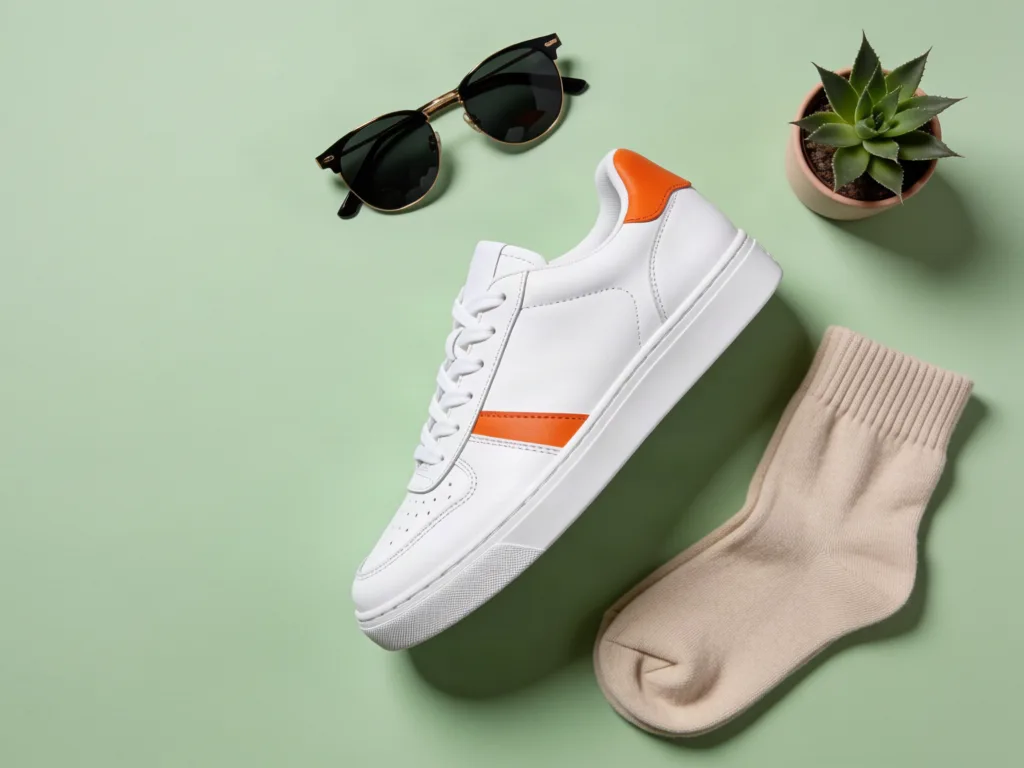 Krea 2 Turbo: Top-down flat lay e-commerce photo of a single white leather sneaker with orange accents on a pastel sage green background, surrounded by a folded beige sock, a pair of sunglasses and a small potted succulent. Even soft lighting, crisp short shadows, generous empty space.