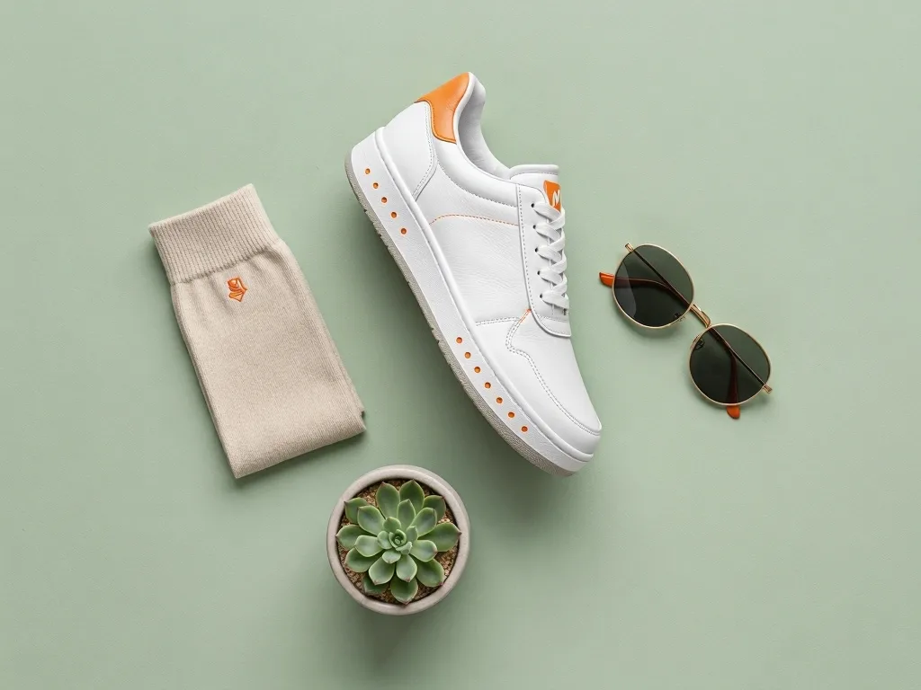 MAI-Image-2.5-Pro: Top-down flat lay e-commerce photo of a single white leather sneaker with orange accents on a pastel sage green background, surrounded by a folded beige sock, a pair of sunglasses and a small potted succulent. Even soft lighting, crisp short shadows, generous empty space.