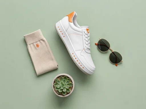 MAI-Image-2.5-Pro: Top-down flat lay e-commerce photo of a single white leather sneaker with orange accents on a pastel sage green background, surrounded by a folded beige sock, a pair of sunglasses and a small potted succulent. Even soft lighting, crisp short shadows, generous empty space.