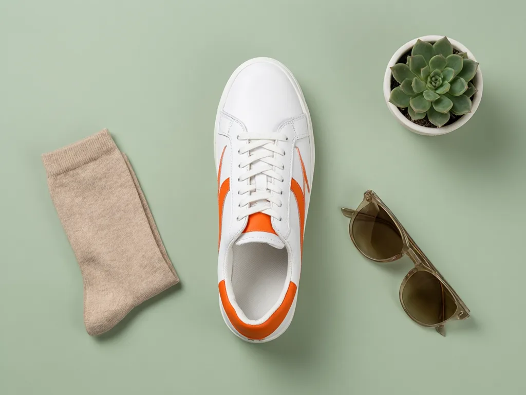 Qwen Image 3: Top-down flat lay e-commerce photo of a single white leather sneaker with orange accents on a pastel sage green background, surrounded by a folded beige sock, a pair of sunglasses and a small potted succulent. Even soft lighting, crisp short shadows, generous empty space.