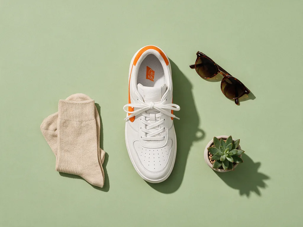 Seedream 5.0 Pro: Top-down flat lay e-commerce photo of a single white leather sneaker with orange accents on a pastel sage green background, surrounded by a folded beige sock, a pair of sunglasses and a small potted succulent. Even soft lighting, crisp short shadows, generous empty space.